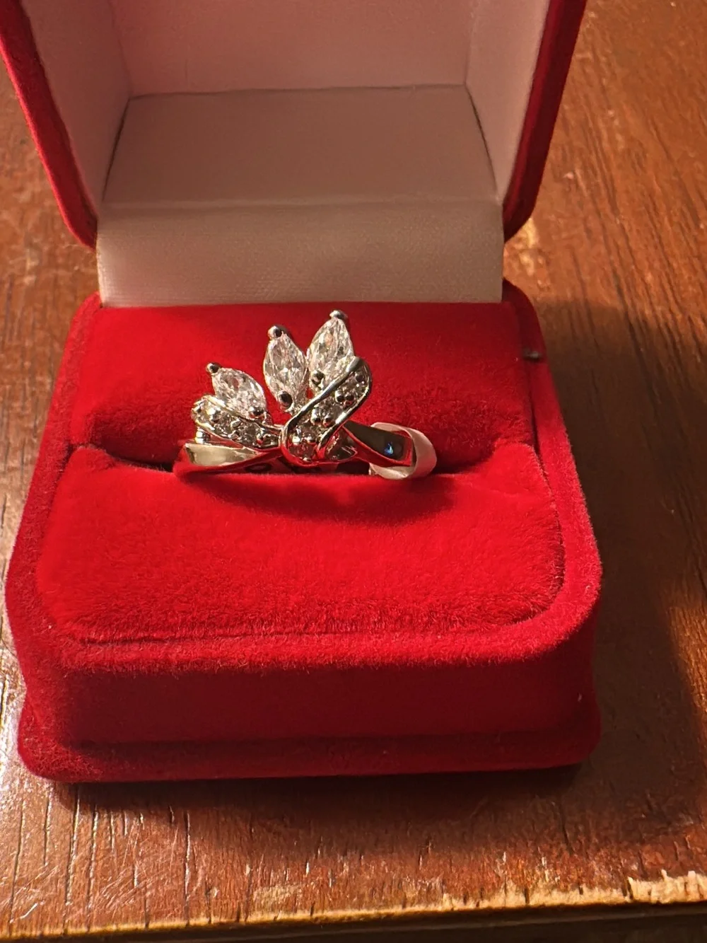 Rhodium Plated  with Cubic Zirconia Silver Crystal Leaf Ring - Clear Sparkle